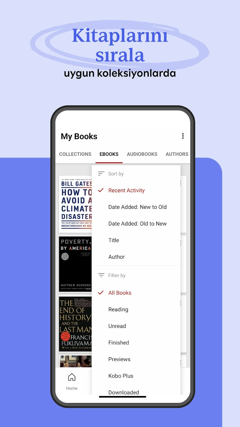 Kobo Books Okuma Uygulaması dil seçenekleri ekranı
