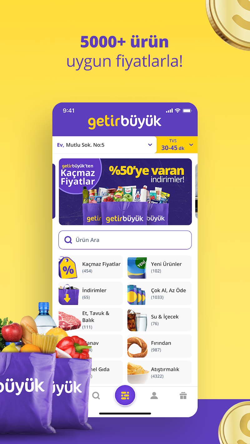 getir: market, yemek ve dahası APK market kategorileri ekranı