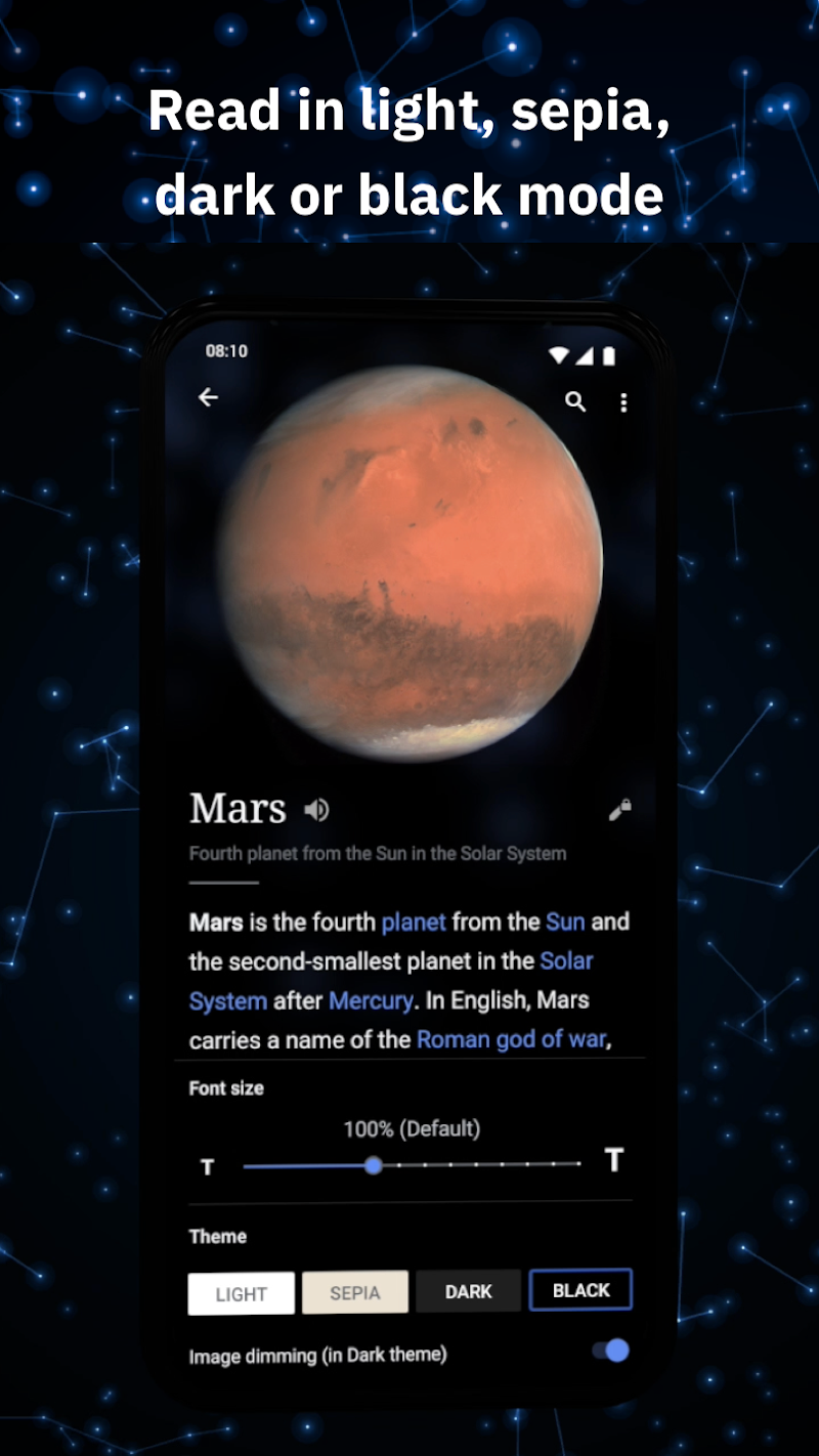 Wikipedia Android özellikler menüsü