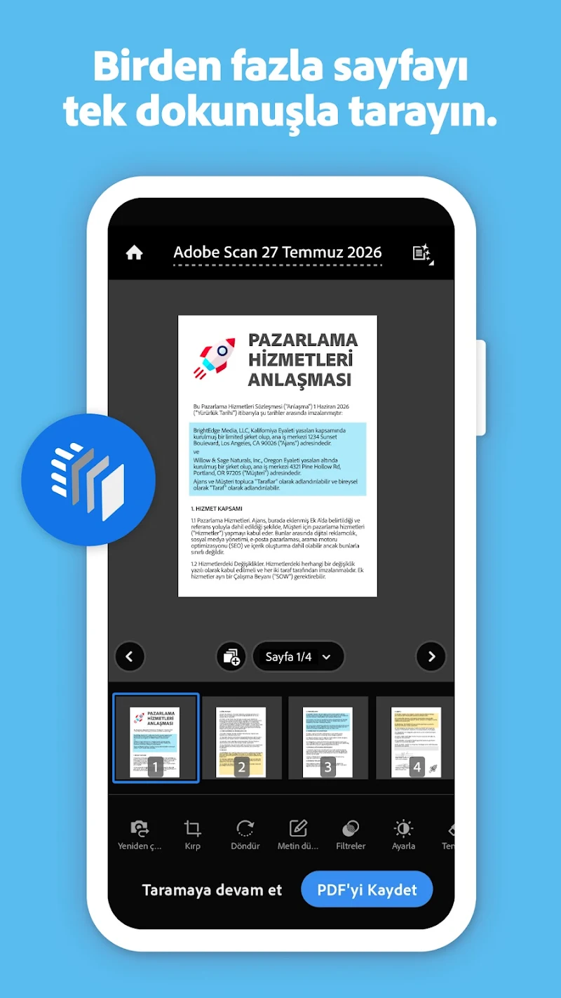 Adobe Scan: Belge Tarama uygulama ayarları ekranı