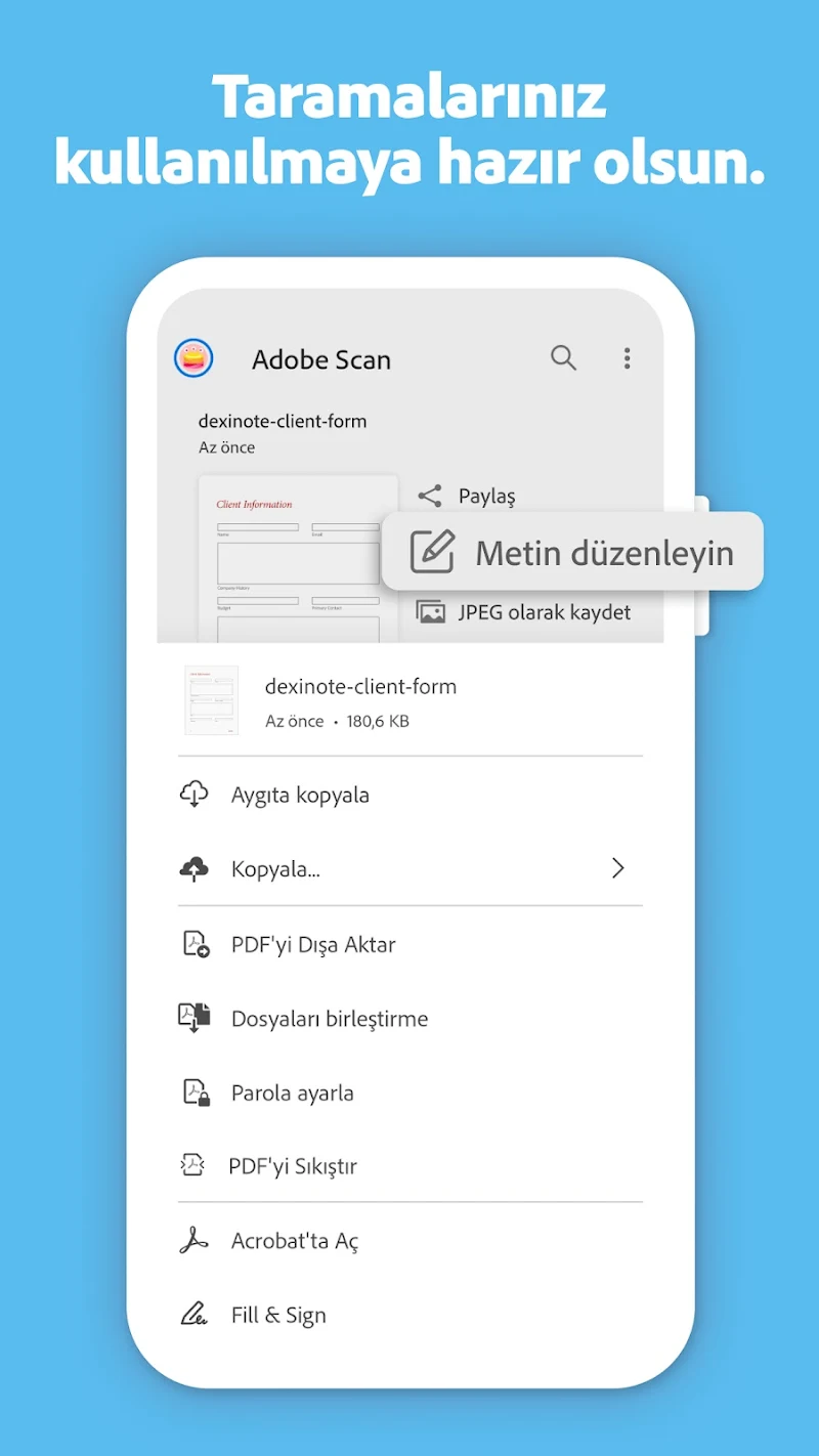 Adobe Scan: Belge Tarama PDF düzenleme ekranı