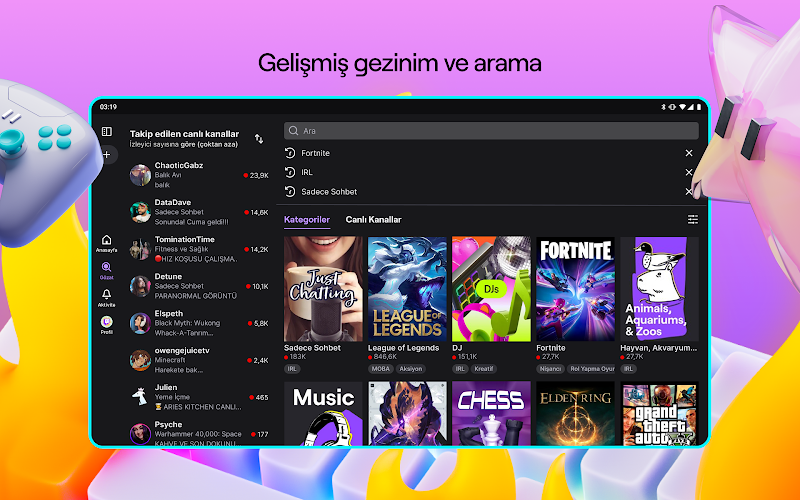Twitch: Canlı Yayın Android ayarları menüsü