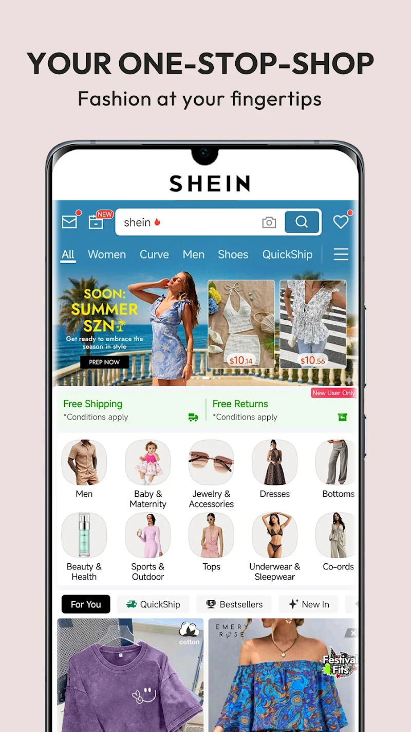 SHEIN-Shopping Online uygulama alışveriş kategorileri ekranı