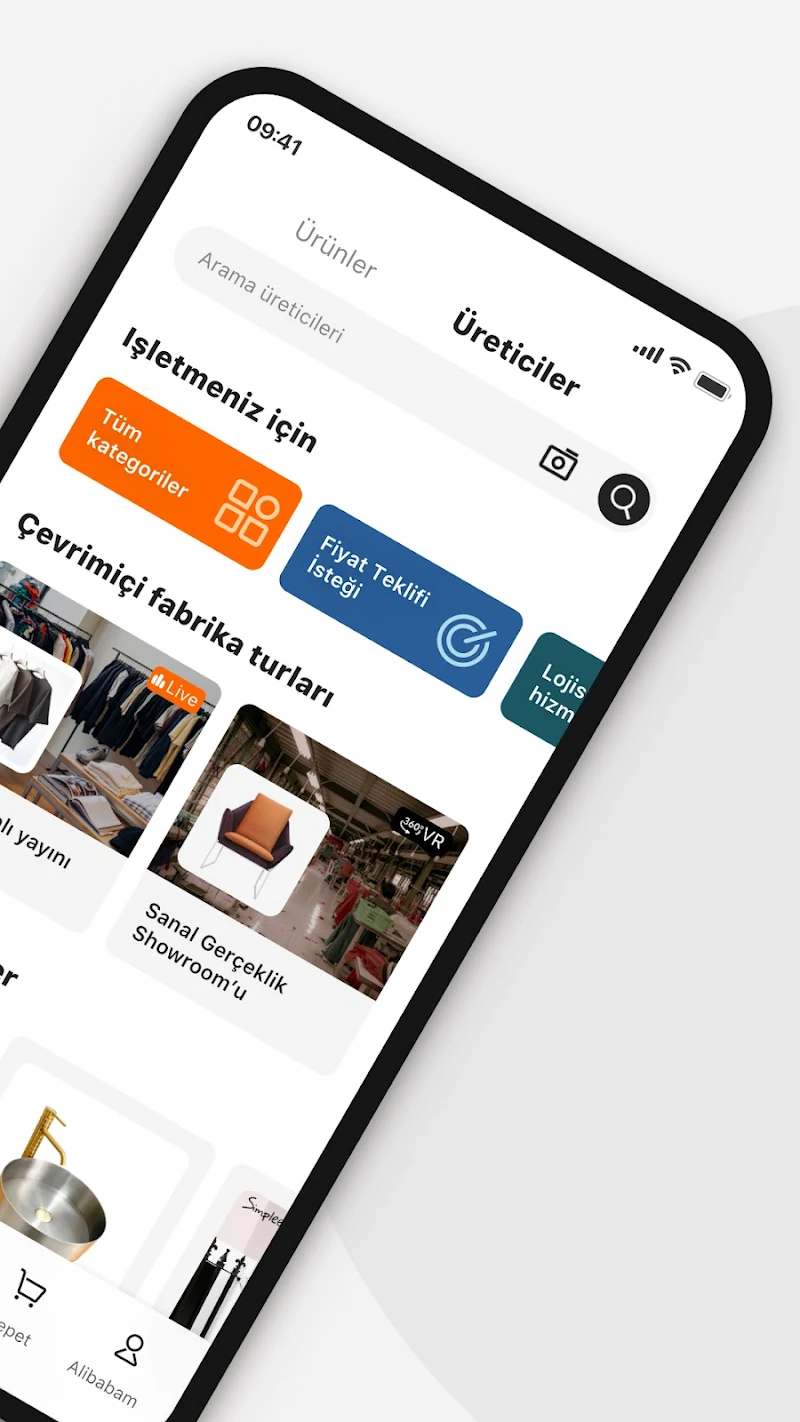Alibaba.com - B2B pazar yeri uygulama ana menüsü