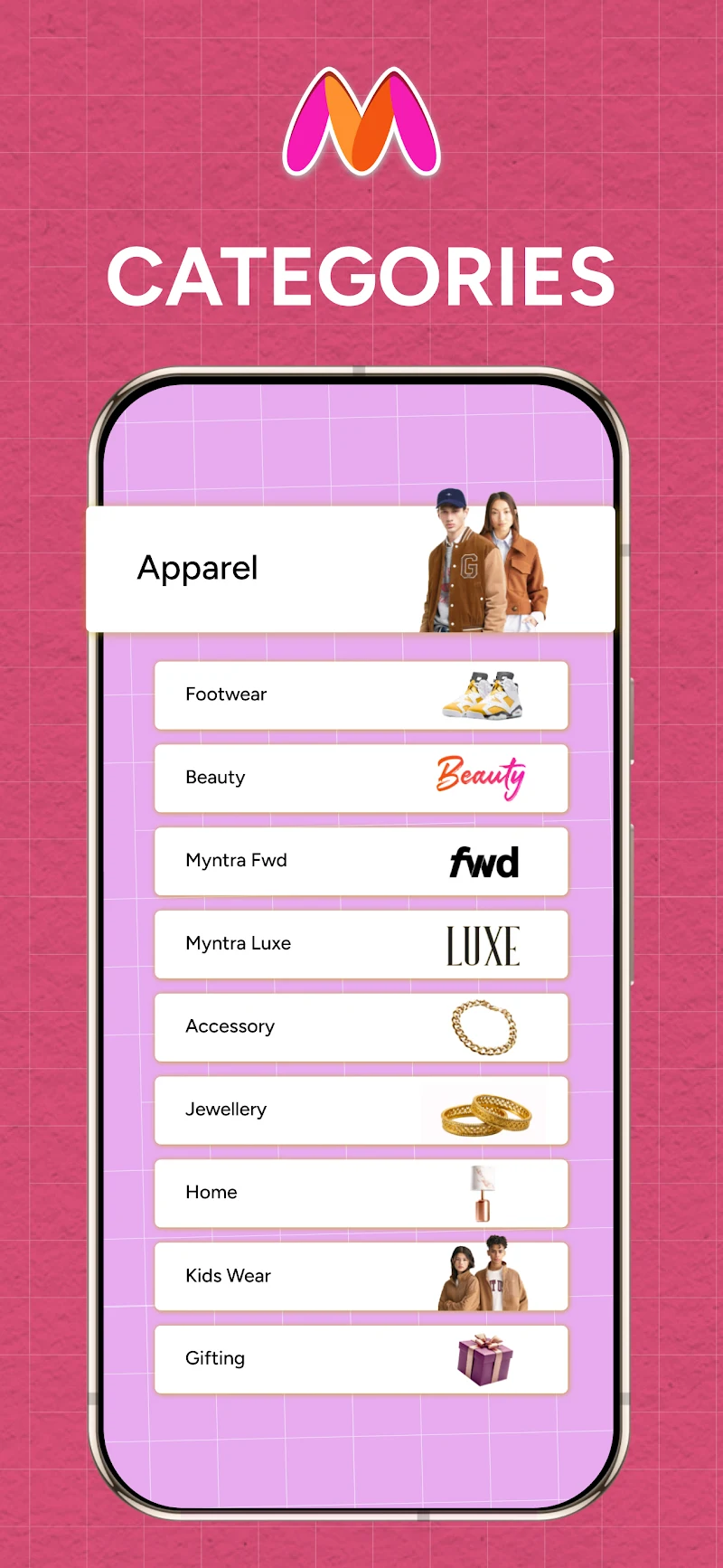 Myntra - Fashion Shopping App ürün kategorileri görünümü