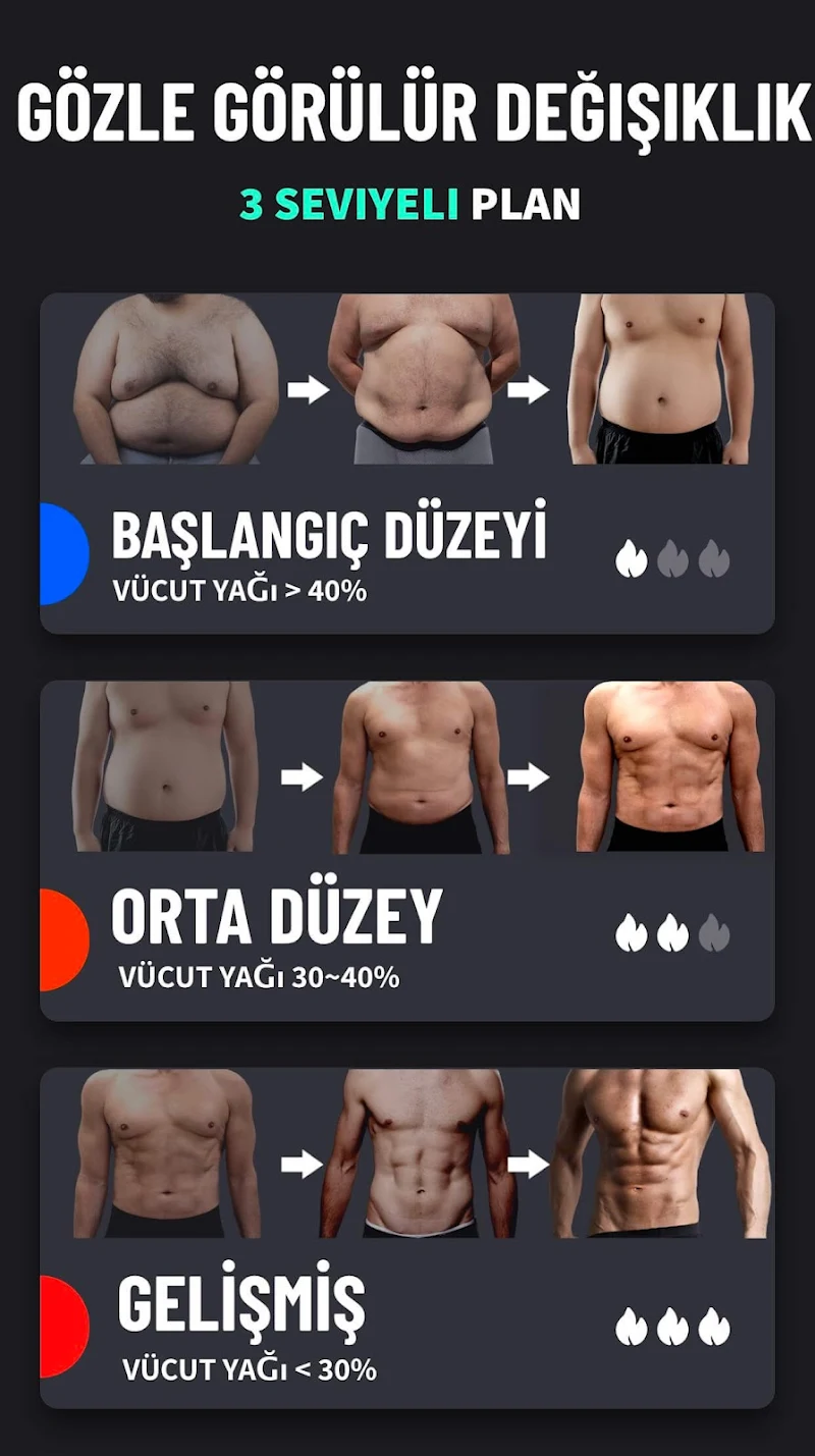 Erkek Kilo Verme Egzersizleri egzersiz seçimi ekranı
