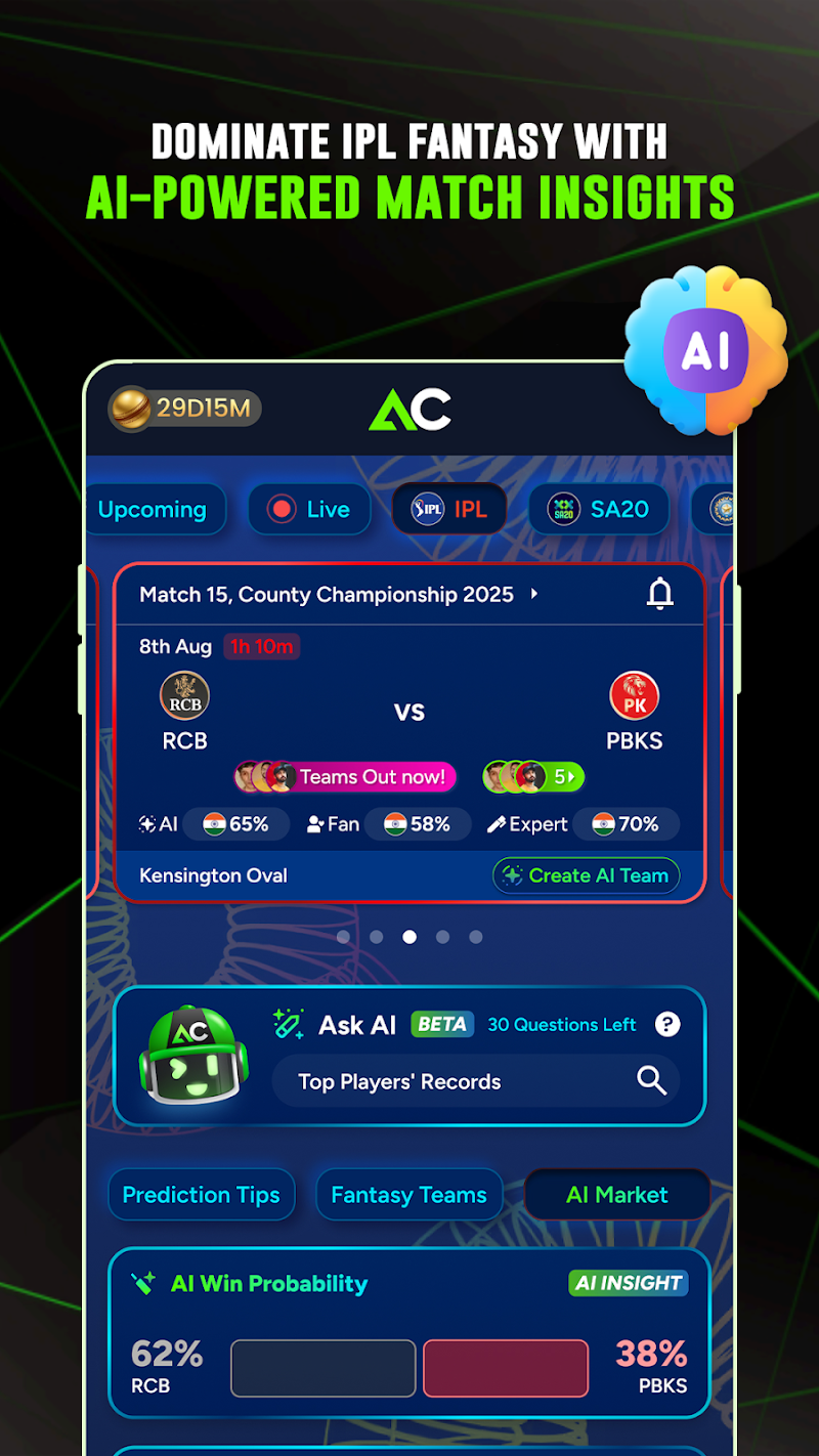 AllCric-AI Cricket Predictions maç içi analiz grafik ekranı