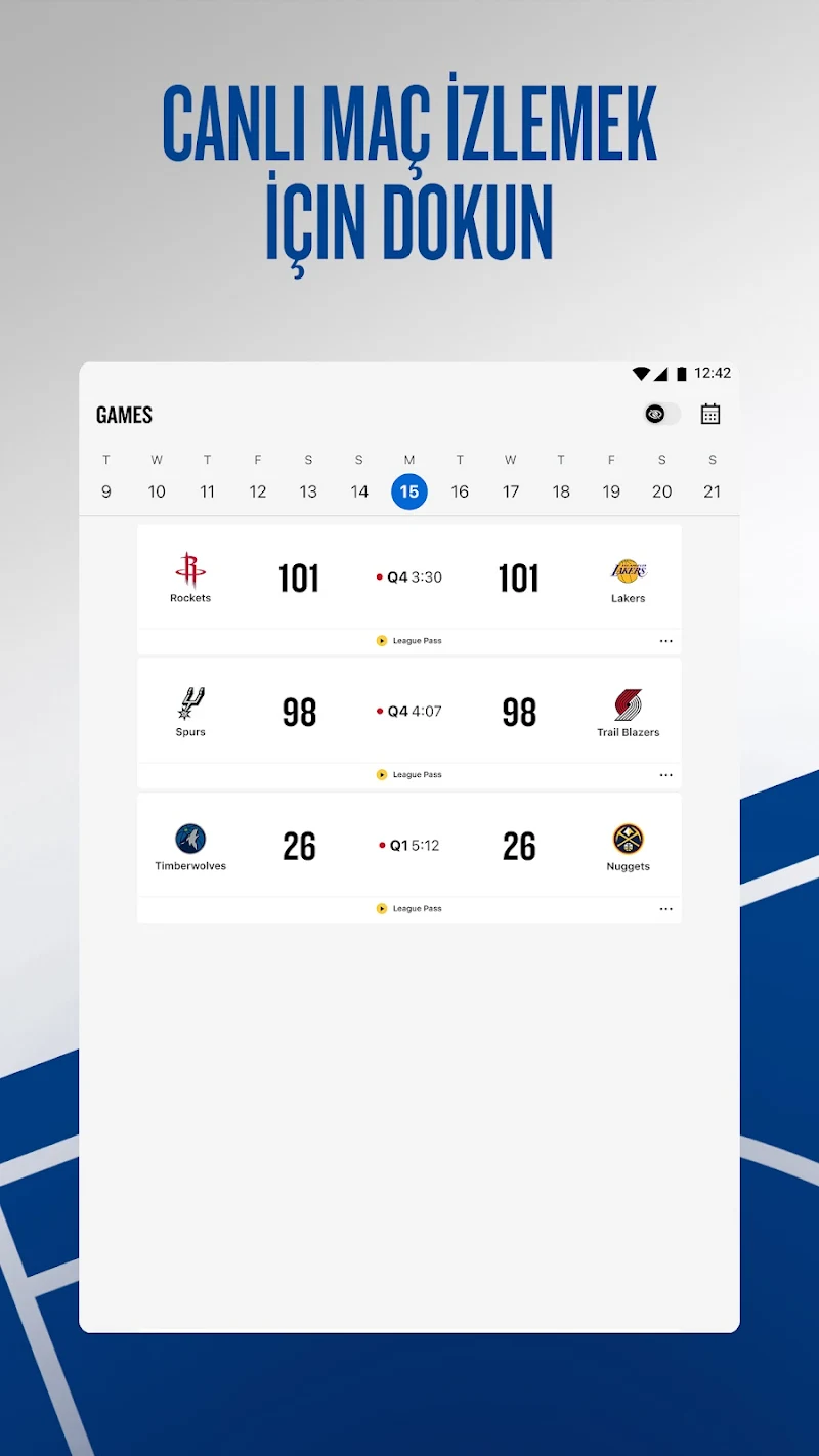 NBA: Canlı Maç ve Skorlar Android uygulama menüsü