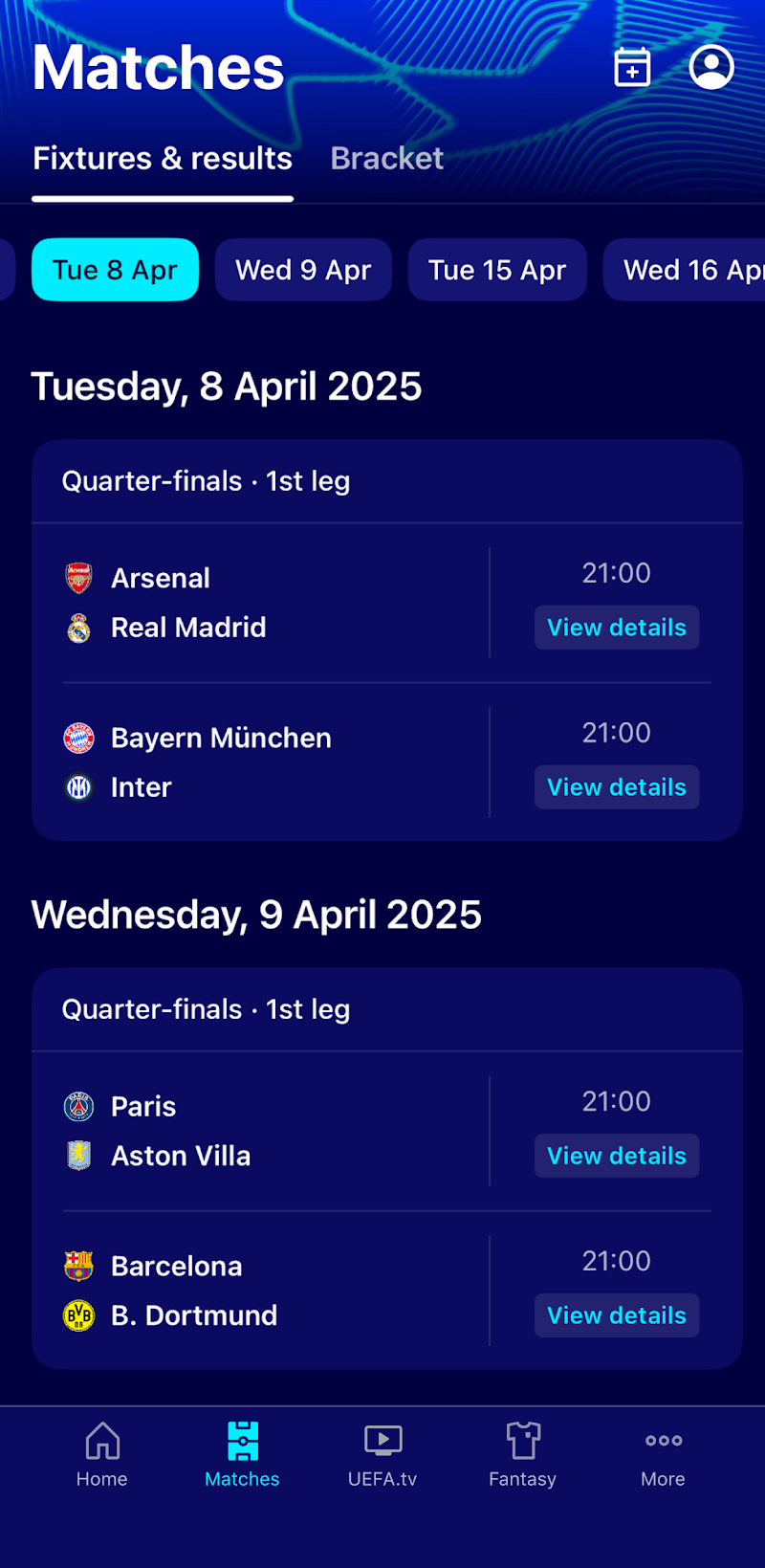 UEFA Champions League Official canlı maç skoru ekranı