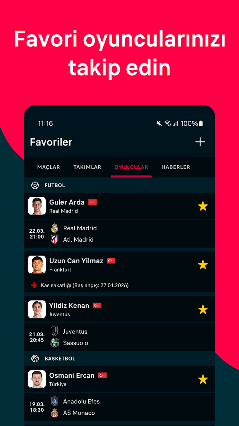 Flashscore: Canlı Skor favori takım seçimi ekranı