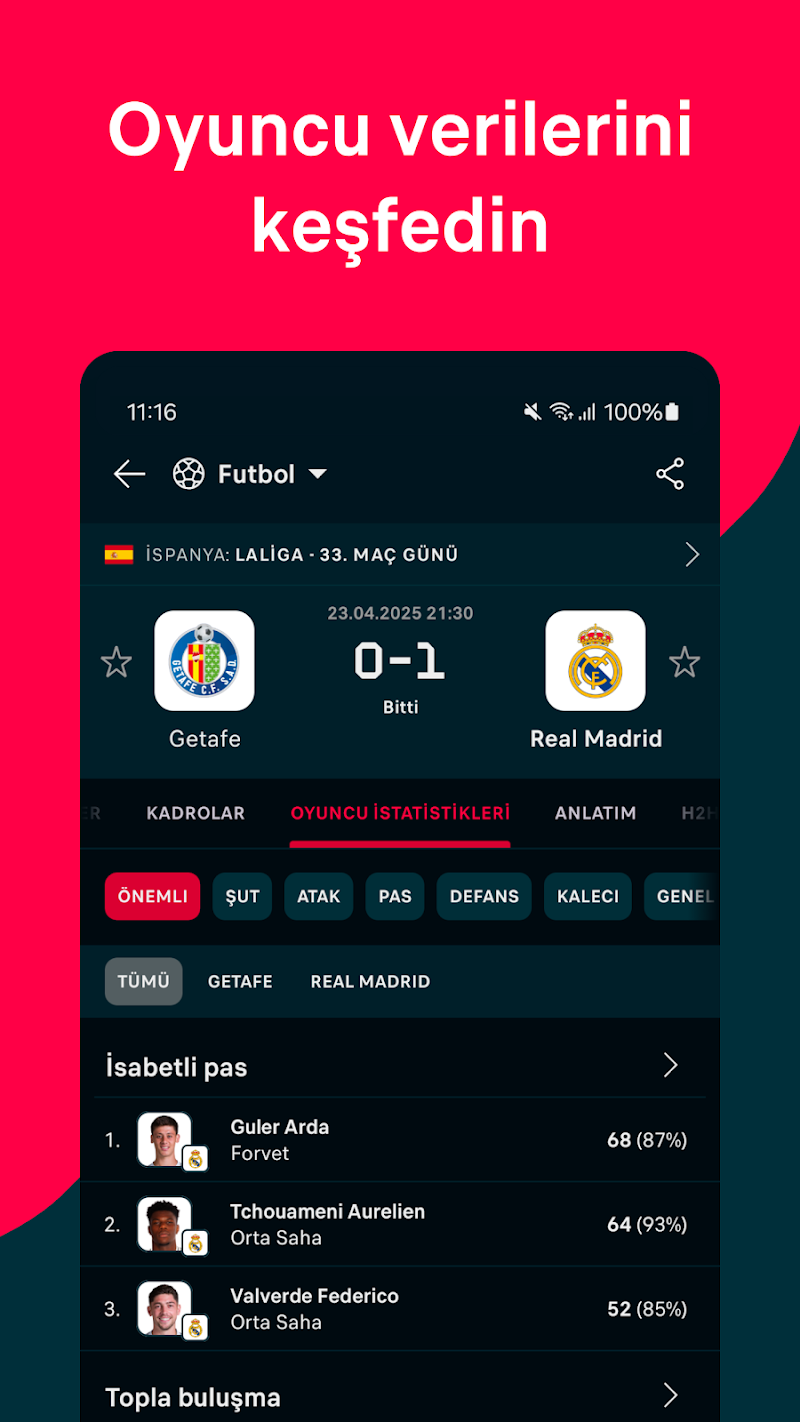 Flashscore: Canlı Skor tahmini kadro bilgisi ekranı