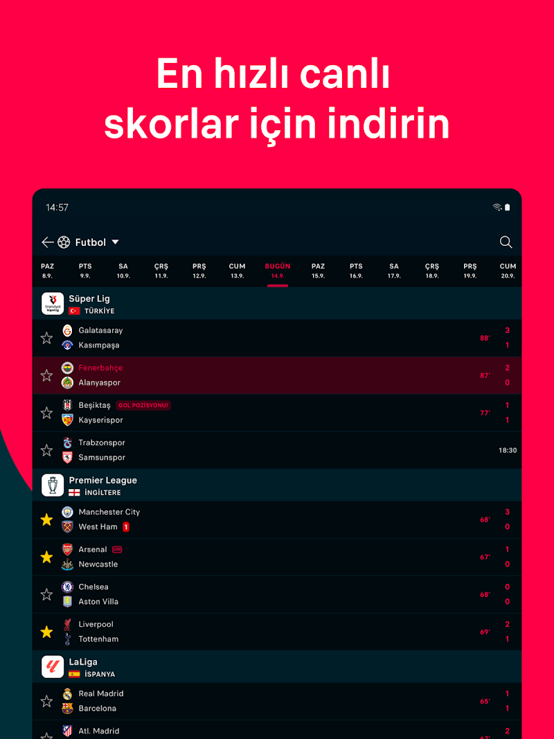 Flashscore: Canlı Skor çoklu spor dalları menüsü