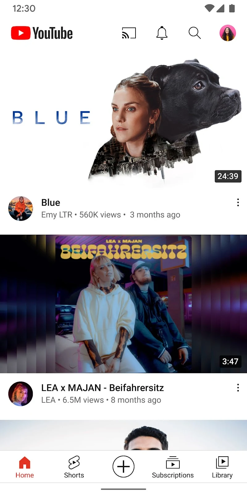 YouTube abonelikler bölümü görünümü