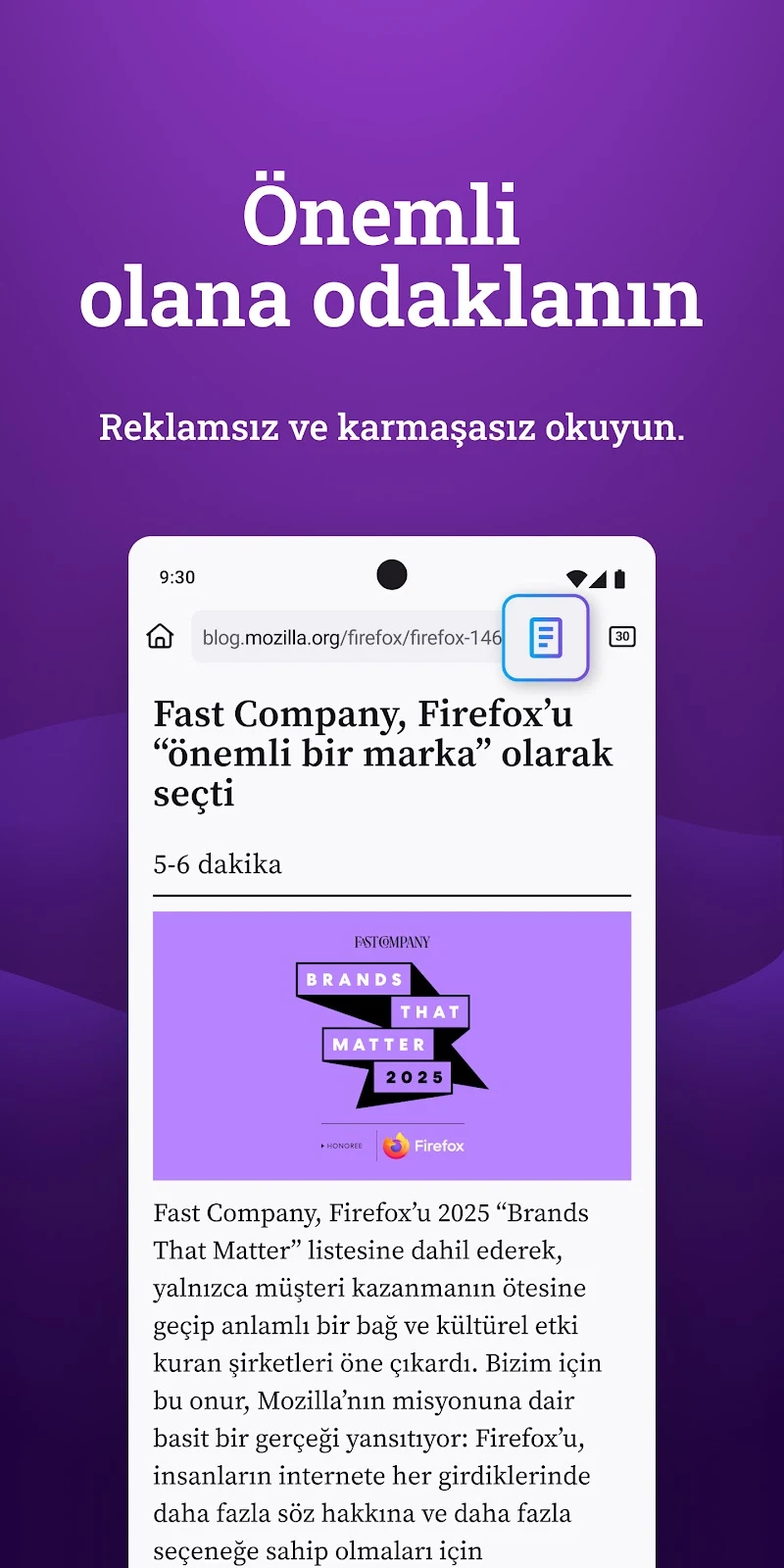 Firefox Hızlı ve Özel Tarayıcı eklenti destek paneli