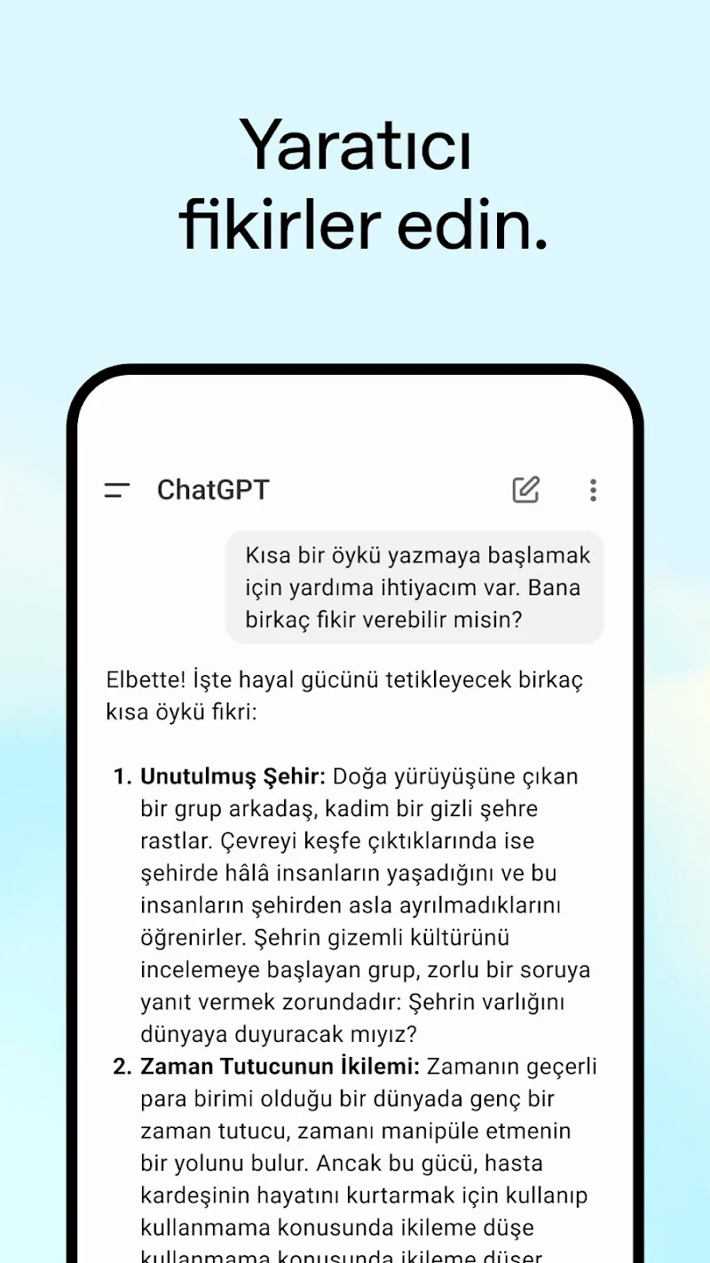 ChatGPT özellikleri menüsü