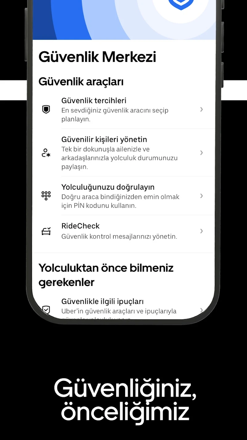 Uber - Kolay taksi yolculuğu uygulama ayarları ekranı