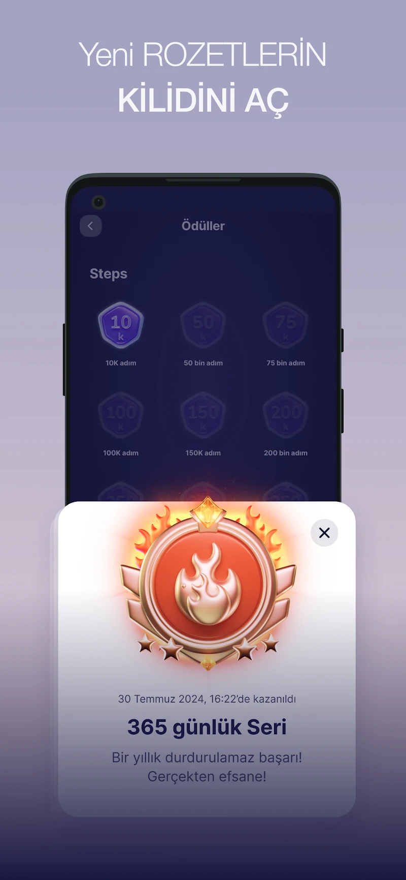 Sweatcoin・Adım Sayar ile Yürü rozet kazanma ekranı