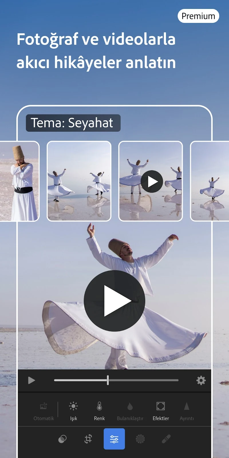 Lightroom Fotoğraf Düzenleyici video düzenleyici ekranı