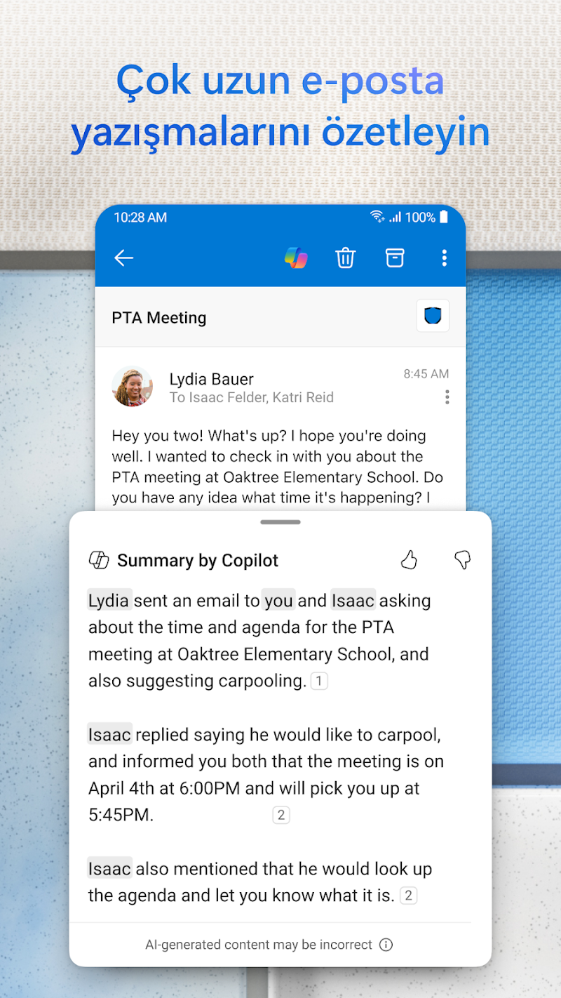 Microsoft Outlook Android gelen kutusu görünümü