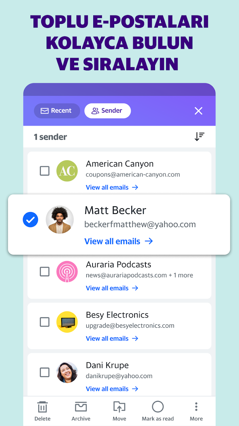 Yahoo Mail – Organize Kalın! gelen kutusu filtreleri görünümü